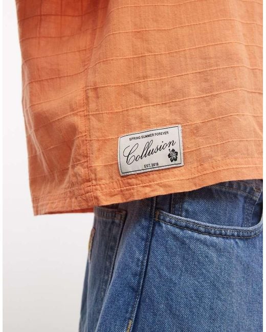 Collusion Orange Unisex Oversized Long Sleeve Textured Grid Check Shirt