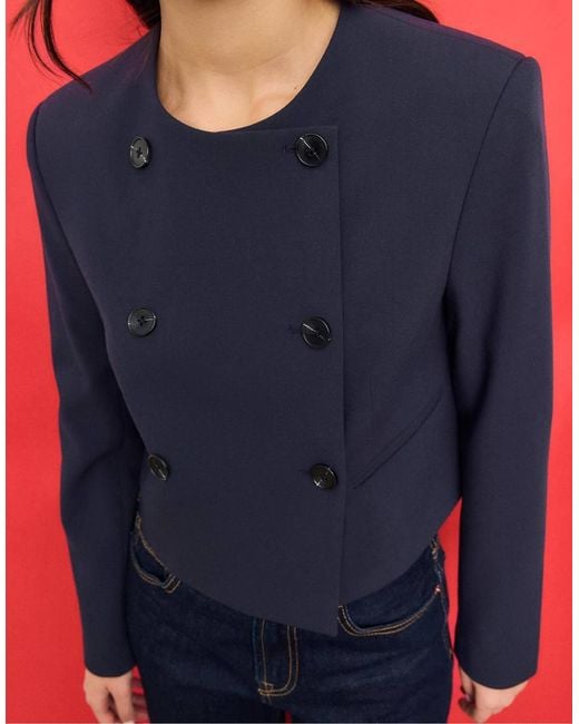 Stradivarius Blue Cropped Round Neck Blazer