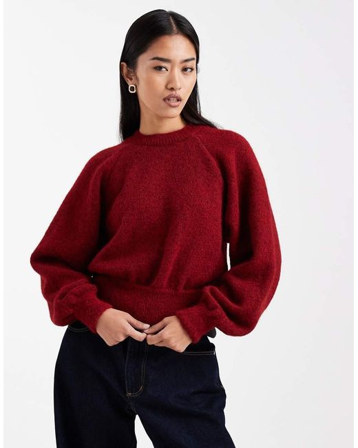 ASOS Red Fluffy Crew Neck Jumper With Raglan Detail