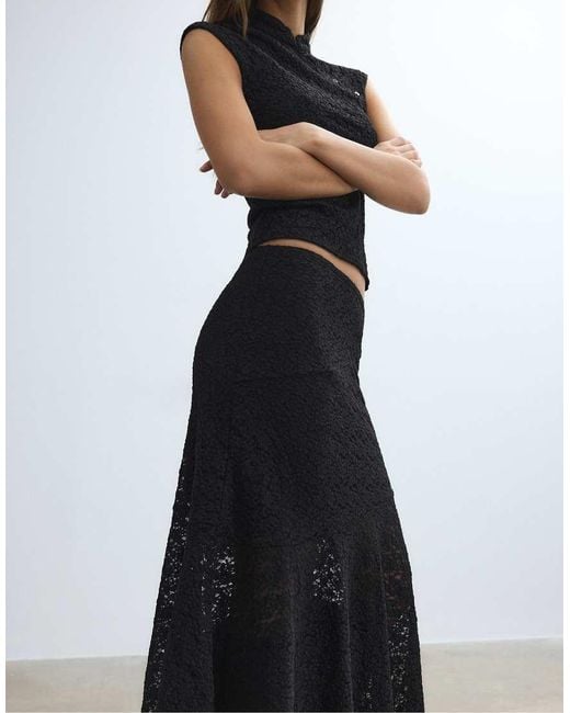 Stradivarius Black Asymmetric Lace Midi Skirt