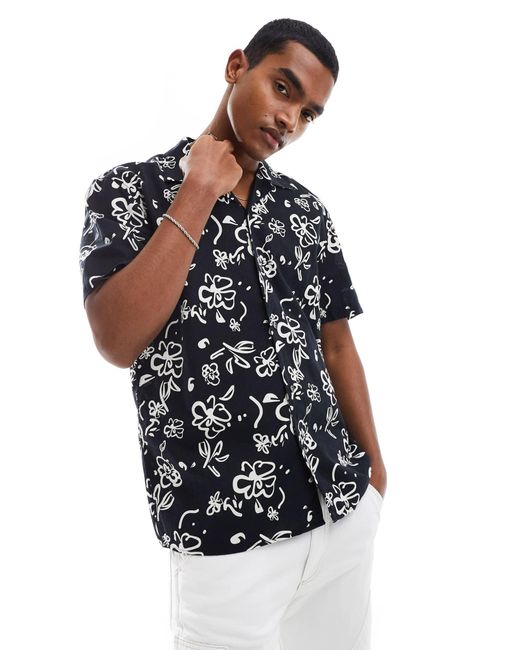 SELECTED Blue Linen Mix Revere Collar Shirt With Print for men