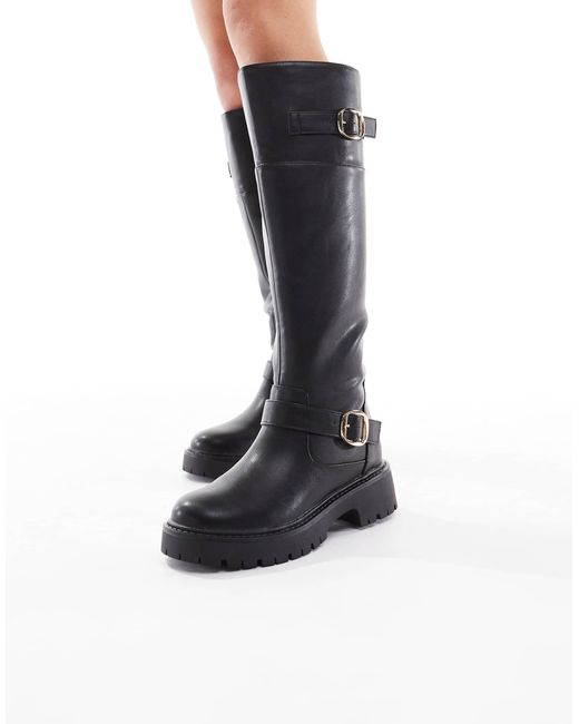 London Rebel Black Olivia Chunky Knee Boots With Buckle Detail