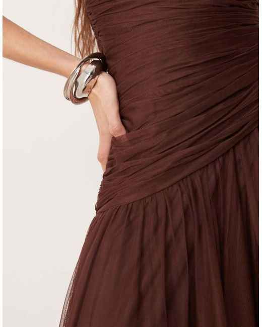 LACE & BEADS Brown Tulle Asymmetric Drop Waist Maxi Dress