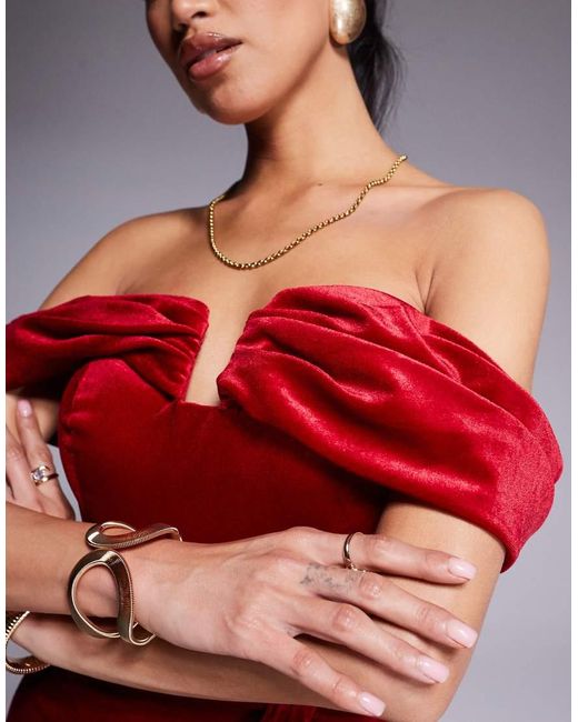 Goddiva Red Off The Shoulder Front Split Velvet Maxi Dress