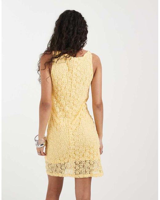 Vero Moda Yellow Stretch Floral Lace Sleeveless Slash Neck Mini Dress