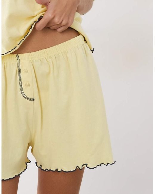 ASOS Natural Embroidered Ciao Slogan Short Sleeve Tee And Shorts Pyjama Set With Lettuce Edge