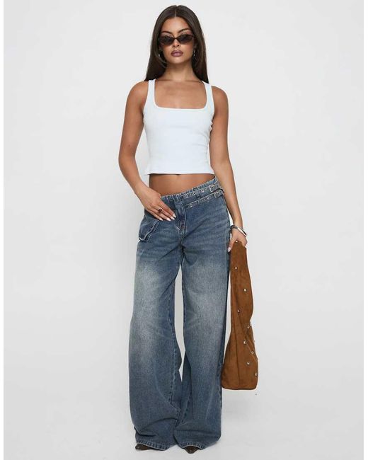 Princess Polly Blue Paltrow Mid Rise Eyelet Belt Waist Detail Wide Leg Jeans