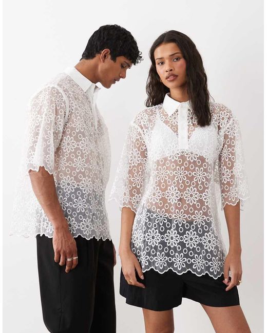 Sister Jane White Walter Lace Floral Embroidered Polo Top