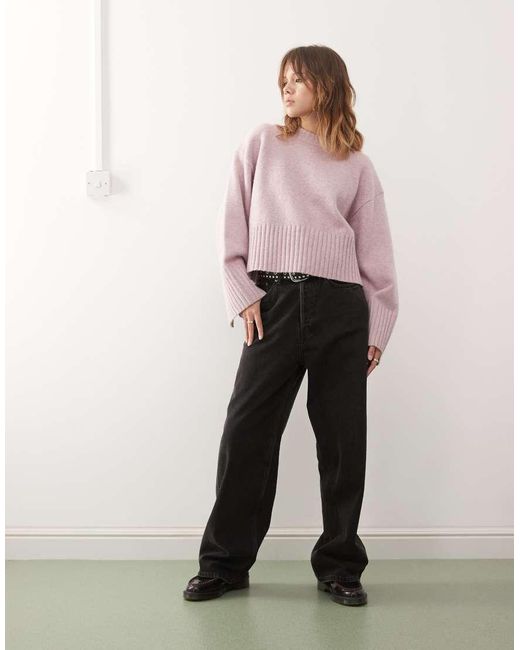 Monki Pink Crew Neck Knitted Jumper With Ribbed Cuffs And Hem Detail