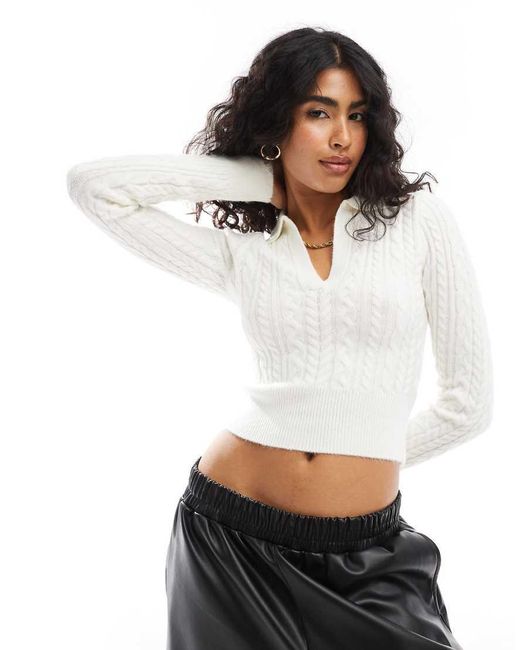 Bershka White Cable Polo Neck Sweater