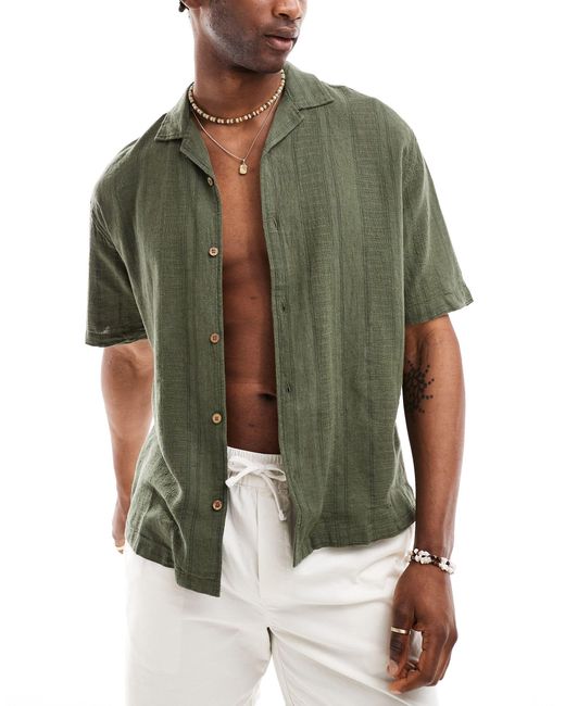 Pull&Bear Green Textured Revere Neck Shirt for men