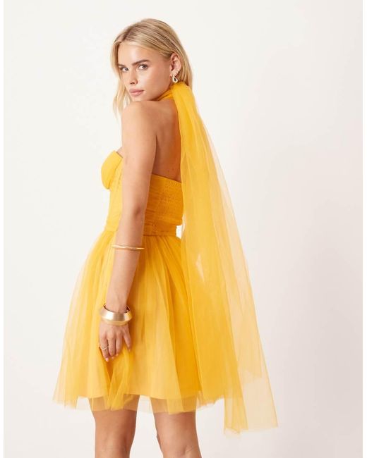 LACE & BEADS Yellow Scarf Neck Corset Tulle Mini Dress
