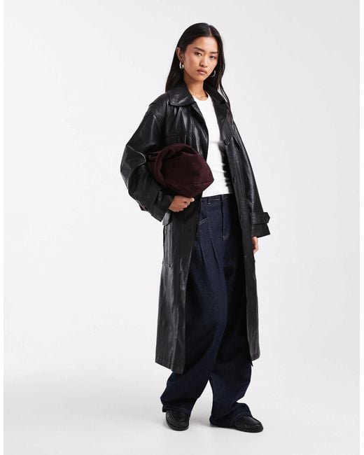 ASOS Blue Longline Leather Look Trench With Contrast Pockets