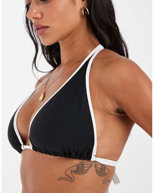 Wolf & Whistle Black Triangle Bikini Top With Contrast Piping