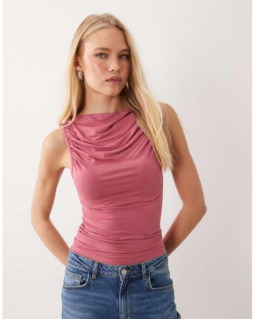 Miss Selfridge Red Ruched Front Slash Neck Top