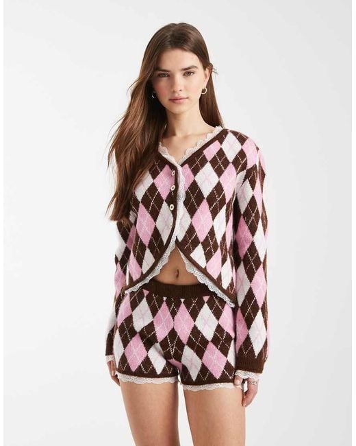 Miss Selfridge Multicolor Argyle Knit Lace Trim Booty Short Co-ord