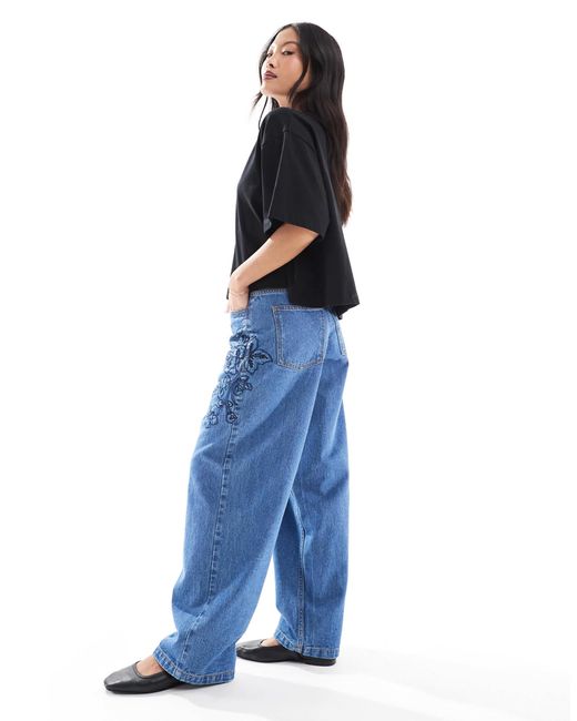 Miss Selfridge Blue Embroidered Floral Baggy Jean