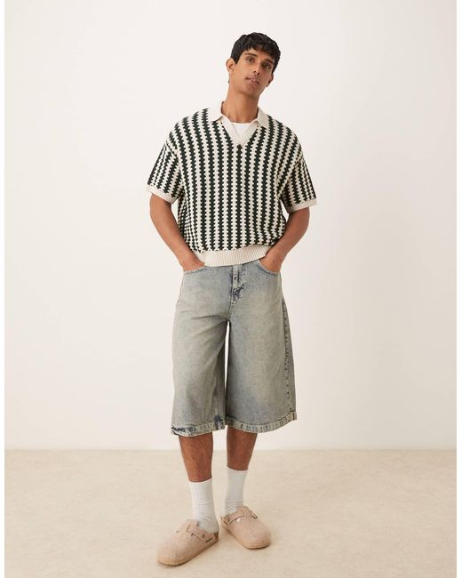 ASOS Green Oversized Knitted Notch Neck Polo With Textured Stripe for men