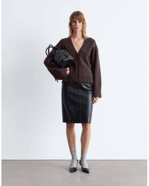 & Other Stories Brown Wool Blend Cardigan With Cinched Waist And Volume Sleeves