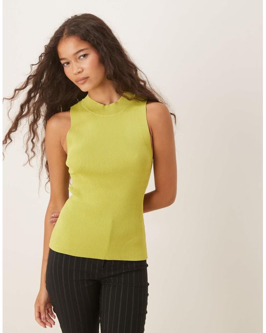 Mango Yellow High Neck Knitted Sleeveless Top