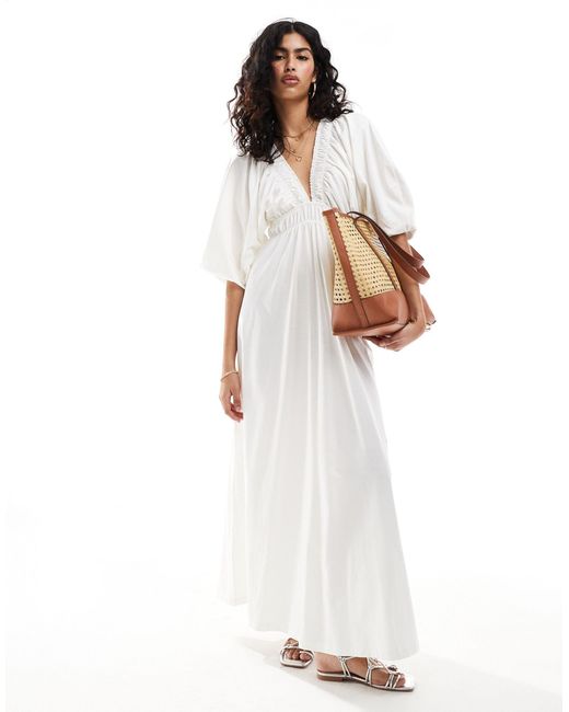 ASOS White Plunge Elastic Tea Midi Dress With Ruched Waist