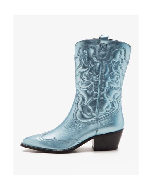 OFF THE HOOK Blue Soho Knee Leather Cowboy Boots Calf Boots