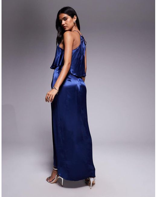 Goddiva Blue Satin Viscose Front Wrap Midaxi Dress