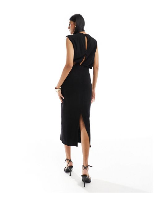 ASOS Black Linen Sleeveless Midi Dress With Cut Out Waist Detail