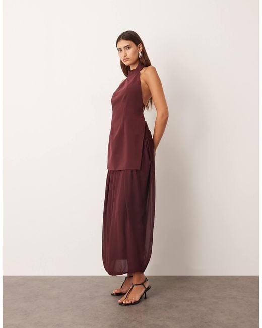 ARRANGE Red Hybrid Halter Drape Hem Midi Dress With Open Back
