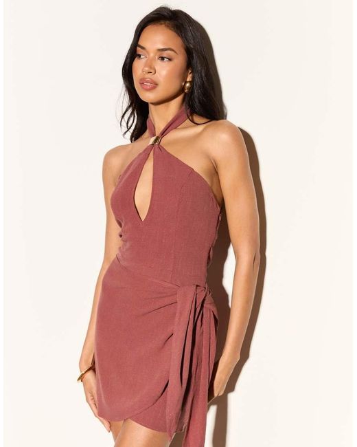 Noughts & Kisses Red Linen Blend Gold Hardware Halterneck Keyhole Plunge Wrap Skirt Detail Mini Dress