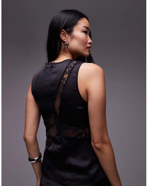 TOPSHOP Black Satin And Lace Mix Sleeveless Top