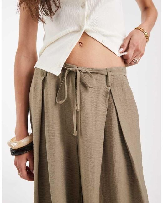 ASOS Natural Asos Design Tall Textured Wide Leg Pants With Tie Waist