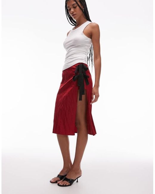 Mango Red Capsule Crinkle Effect Midi Skirt With Ruched Side