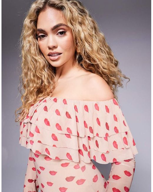 Vestido Largo Escote Bardot Y Detalle De Volantes Dahlia De AFRM de color Multicolor