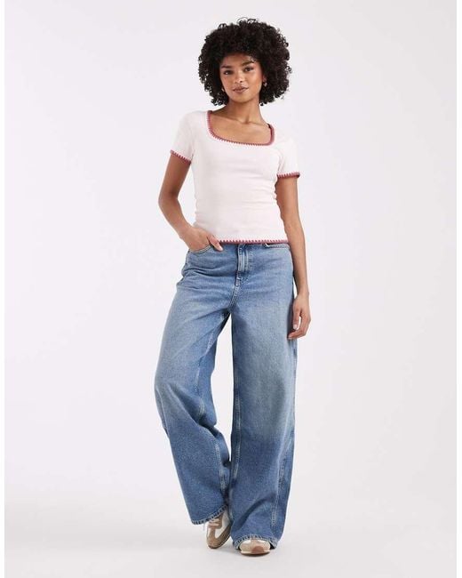 ASOS White Shrunken Tee With Contrast Blanket Stitch Detailing