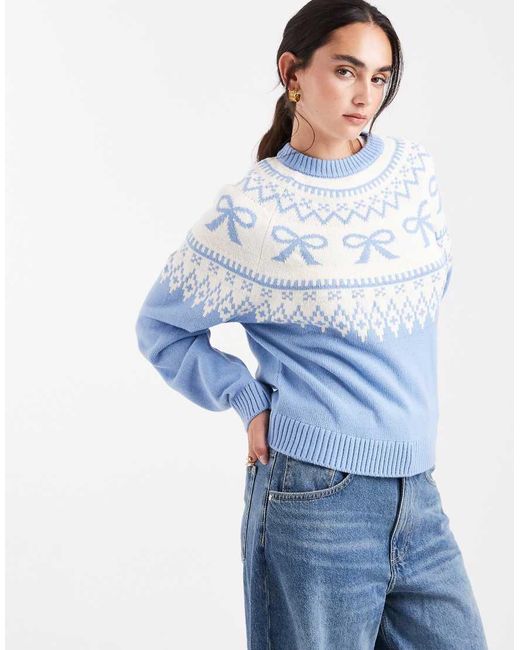 ASOS Blue Bow Pattern Yoke Fairisle Jumper