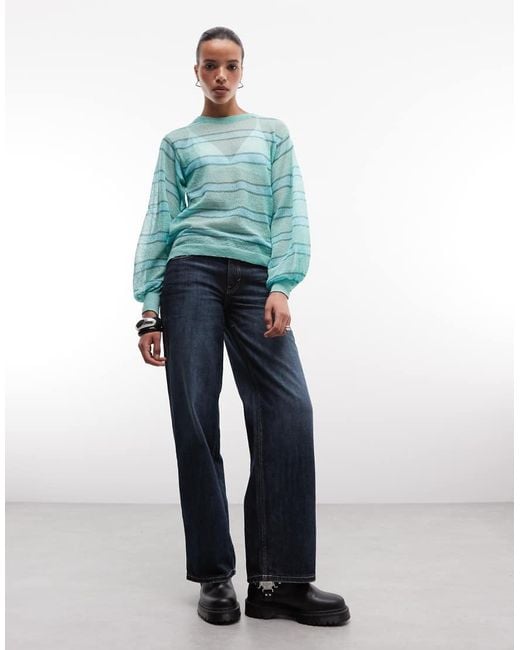 Reclaimed Vintage Blue Sheer Knitted Striped Balloon Jumper