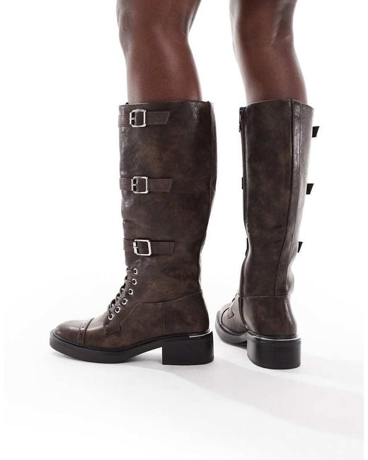 SEQWL Black Twix Buckle Detail Lace Up Knee Boots