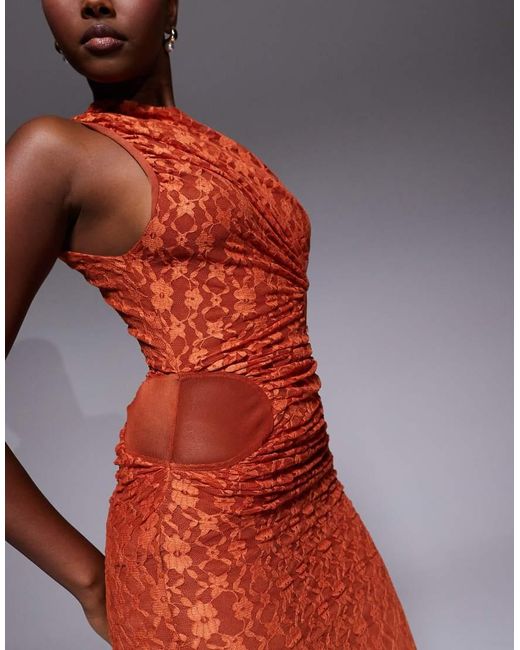 ASOS Orange Lace Midi Dress With Cowl Draped Skirt And Mesh Cut Outs