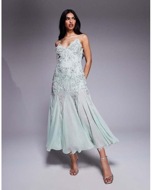 Vestido Midi Con Bajo De Godets, Cuentas De Strass Y Ribete De Encaje De ASOS de color Gray
