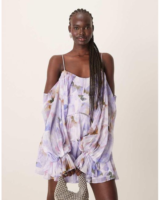 ASOS Multicolor Draped Off Shoulder Tiered Mini Dress With Lace Inserts