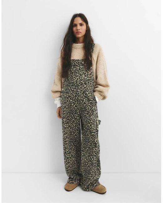 Pull&Bear Green Leopard Carpenter Overalls