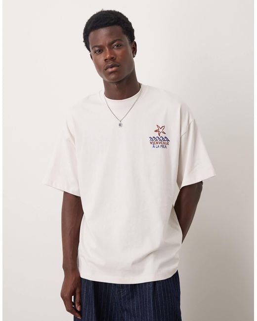SELECTED White Oversized Heavy Weight T-shirt With Sea Back Print for men