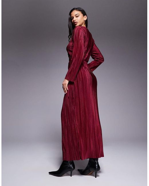 ASOS Red Plisse Long Sleeve Wrap Tie Waist Maxi Dress