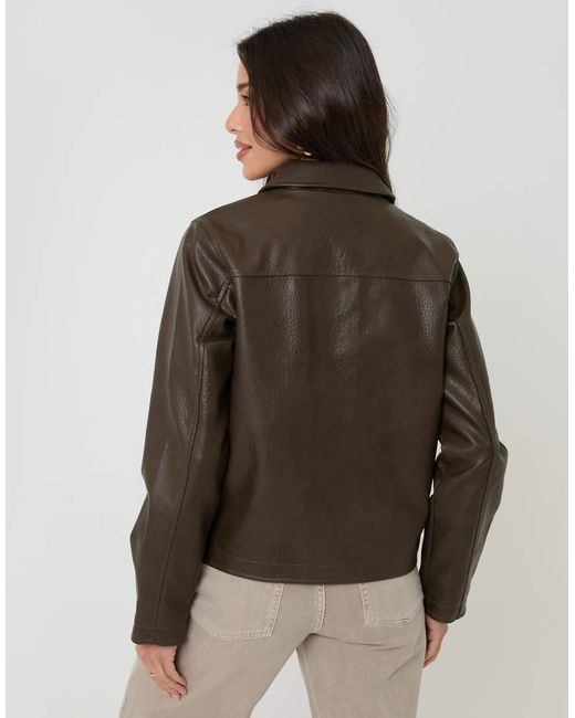 Threadbare Brown Faux Leather Cropped Button Up Jacket