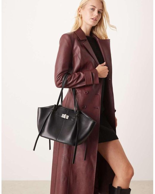 Gina Tricot Red Small Faux Leather Tote Bag With Strap And Clutch With Silver Detail