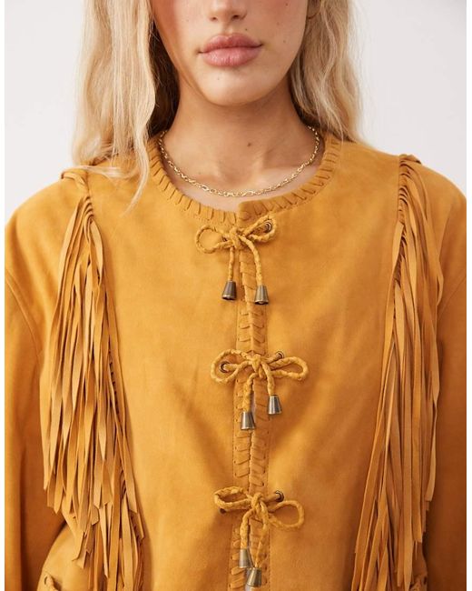 Urbancode Natural Oversized Boho Suede Fringed Jacket