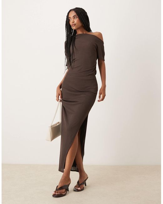 ASOS Brown Mesh Semi Sheer Ruched Off Shoulder Top