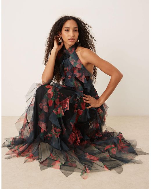 LACE & BEADS Multicolor Backless Ruffle Maxi Dress