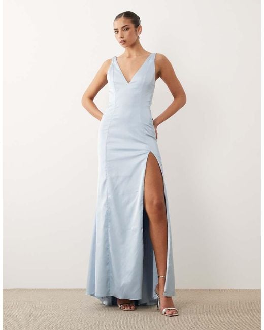 Oh Polly Blue Satin Cowl Drape Open Back Detail Thigh Split Maxi Dress